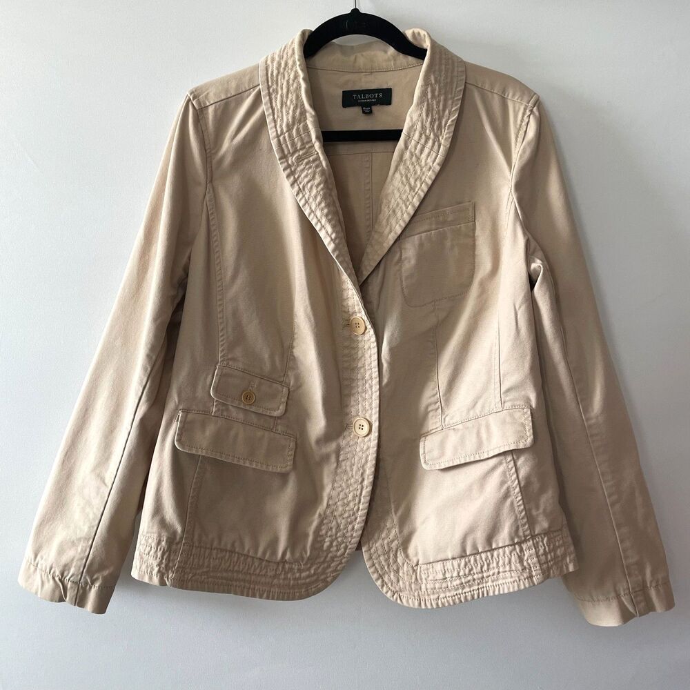 Talbots Woman Petites 16WP Beige Cotton Stretch Blazer Shawl Collar Jacket